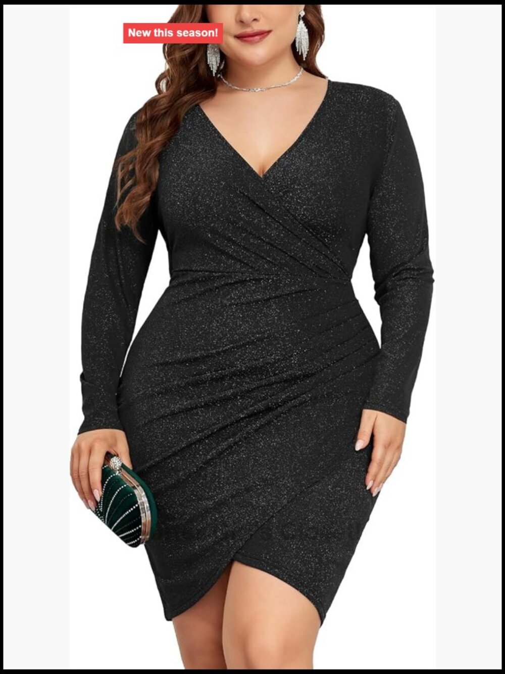 Plus Size Glitter Ruched Bodycon Wrap V-Neck Long Sleeve Mini Dress Party